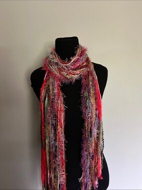 Hand Crafted Multicolor Fringe Statement Scarf - Red, Purple, Green